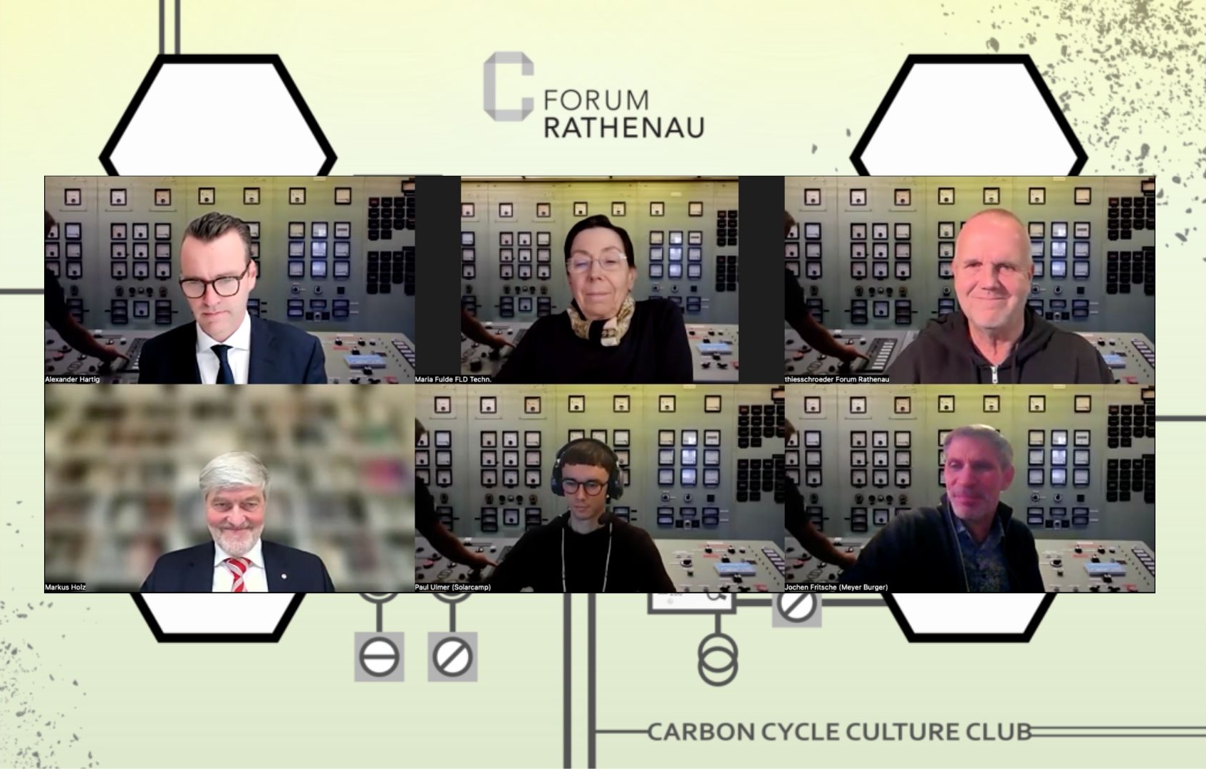 Screenshot der Webcams der Podiumsgäste mit Moderator Thies Schröder vor CarbonCycleCultureClub-Logo-Hintergrund